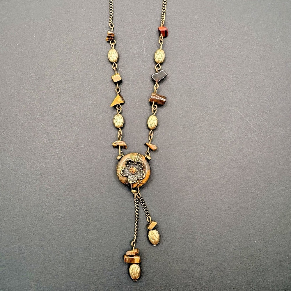 Avon NR Tiger's Eye Floral Y Drop Tassel Necklace Bronze Tone Y2K 16"